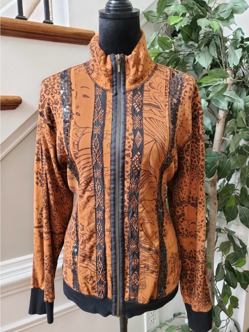 Chico's Rust Orange and Black Patterned Zip Bomber Jacket